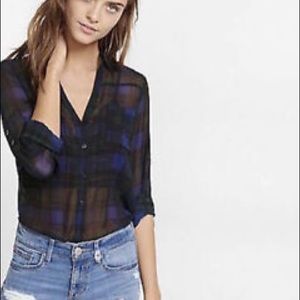 Green and blue gingham print portofino blouse